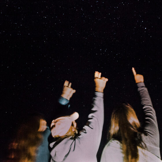 People pointing at a dark sky